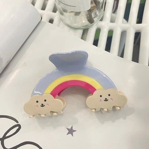 Cute rainbow cloud hair claw clip with colorful acrylic arch and smiling cartoon clouds