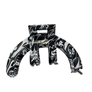 Elegant medium acetate hair claw clip with black and white ink marble texture