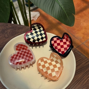 Heart Shark Hair Claw Clip Cellulose Acetate Checkerboard Pattern Gold Stamping Vintage Korean Style Hair Jewelry For Women