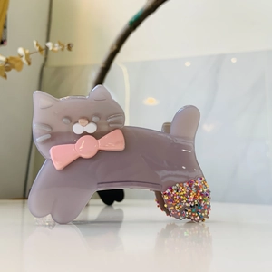 Cute purple acetate cat hair claw clip with pink bow and colorful bead accents