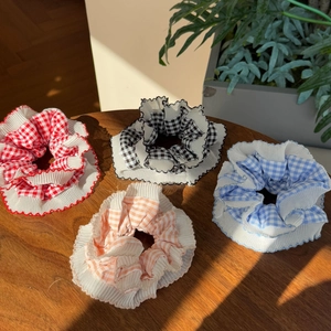 Vintage Grid Chiffon Scrunchies Ruffle Lace Edge Sweet Plaid Elastic Hair Ties For Women Girls Daily Ponytail Holder Accessories