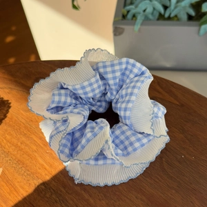 Fresh blue and white plaid chiffon scrunchie with pleated white lace trim detail