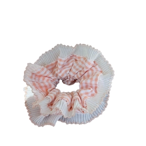 Pink and white checkered chiffon scrunchie with delicate lace trim edge for women