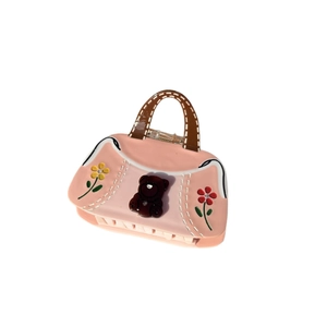Cute pink acetate handbag-shaped hair claw clip with bear and flower patterns
