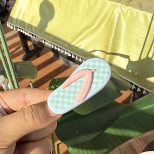 Blue and white checkerboard slipper hair clip with pink straps for summer styling