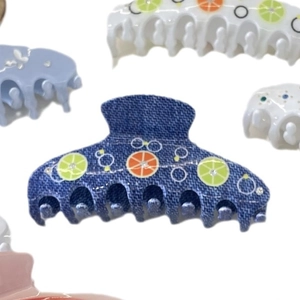 Lot de grandes pinces à cheveux avec motif denim bleu et imprimés citron avec strass