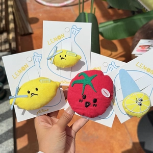 Plush fruit hair clips with cute lemon and tomato cartoon designs and embroidery