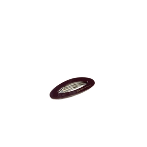Elegant deep burgundy acetate oval hair clip with gold lettering on white background