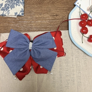 Vintage denim and polka dot double bow hair clip with decorative pearl accents
