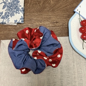Polka dot red satin and denim blue fabric scrunchie hair accessory with cherry vibes