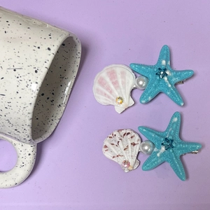 Lot de barrettes thème océan avec étoile de mer bleue coquillages et perles blanches