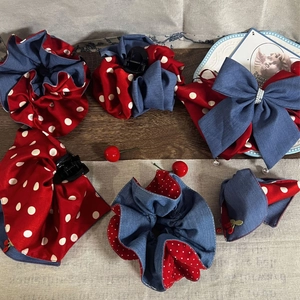 French Vintage Red Polka Dot Denim Blue Hair Scrunchie Fabric Bow Hair Claw Clip With Artificial Pearl Cherry Pendant Ponytail Holder Hair Accessories
