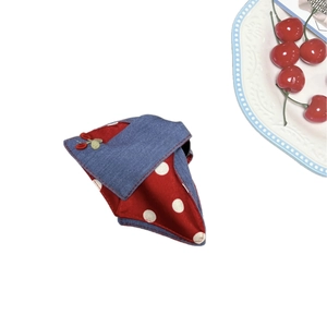 Red polka dot pet bandana with cherry embroidery and blue denim collar accent