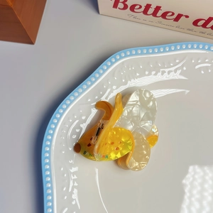 Detail of banana shaped acetate hair claw clip with colorful lettering on a white plate