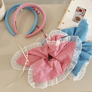 Sweet Plaid Bow Headband And Lace Ruffle Scrunchie Plaid Hair Band Fresh Style Checked Hair Accessories For Women Girls