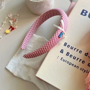 Red gingham padded headband with delicate white ribbon bow and LOVE bead detail