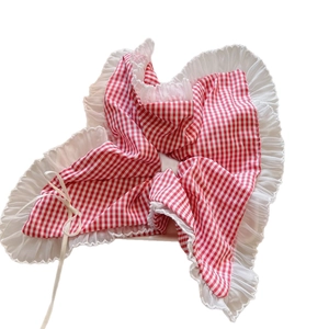 Fresh red and white plaid hair scrunchie with layered white lace organza ruffles