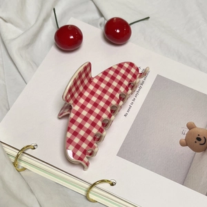 Retro red and white plaid acrylic shark hair claw clip for elegant high ponytail styling