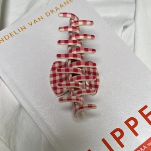 Pink and white checkered acrylic claw clip for hair on a book background