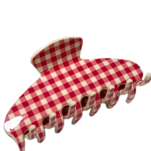 Retro red gingham check acrylic hair claw clip for high ponytail styling on white background