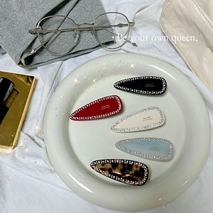 French Style Teardrop Acetate Hair Clip With Rhinestone Border Gold Lettering Waterdrop Side Clip Barrette For Women Girls