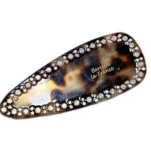 Classic tortoiseshell acetate hair clip with sparkling rhinestones and gold lettering