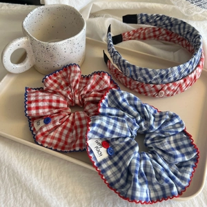 Plaid Fabric Hair Accessories Checkerboard Scrunchie Decorative Buttons Headband Women Fresh Korean Style Hair Ties