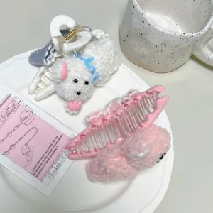 Pinces à cheveux en peluche avec nœuds en dentelle douce en blanc et rose poudré
