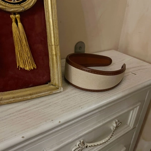 Französisches Vintage-Haarreif in Hahnentritt-Muster, Creme-Weiß und Braun-Leder