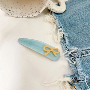 Blue acrylic water drop hair clip with cream bow and France handmade gold logo