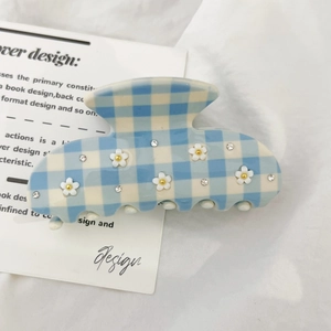 Blue gingham hair claw clip with floral accents and sparkling crystals for ponytails