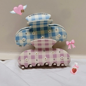 Floral checkered claw clip set in pink and blue with rhinestones and acetate finish