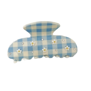 Elegant blue plaid hair claw clip with floral accents and sparkling rhinestones for women