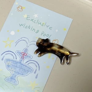 Barrette chat en acétate écaille de tortue avec détails dorés sur carte illustrée