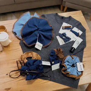 Retro Deep Blue Denim Scrunchie Brown Stitching Hair Ring PU Leather Bow Dog Charm Hairpin Sweet Women Fashion Headwear