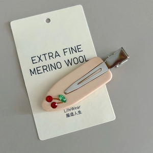 Pink acetate cherry hair clip with sparkling rhinestones and metal duckbill clip