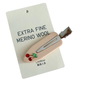French style pale pink cherry hair clip with red rhinestones and silver metal duckbill base