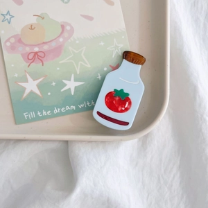 Cute milk bottle shaped hair clip with tomato pattern in blue acetic acid material