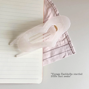 Detail view of the pink heart hair claw clip with golden spring on notebook