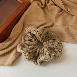 Elegant khaki knit hollow crochet scrunchie accessory for autumn winter hairstyles