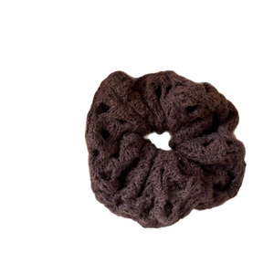 Elegant dark brown knit hollow hair scrunchie made of soft mohair wool yarn
