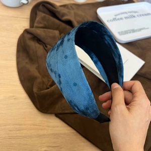 Blue velvet headband with dark polka dots featuring a wide non-slip design for women