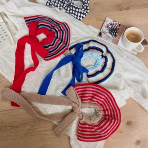 Vintage Knitted Striped Fake Collar With Bow Tie Crochet Mini Shawl Neck Warmer For Women Girls Winter Hair Accessory
