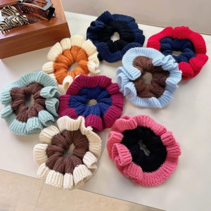 Chouchous Doux de Style Coréen en Tricot Couleurs Contrastées pour Femmes Fil de Laine Fait à la Main Élastiques Accessoires Cheveux
