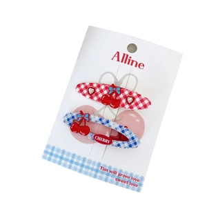 Sweet cherry plaid hair clips with bowknot and heart rhinestones on display card