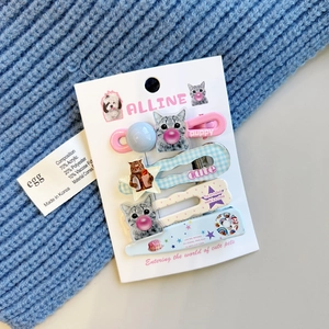 Four-piece set of cute cat and dog hair clips with pastel colors on white display card