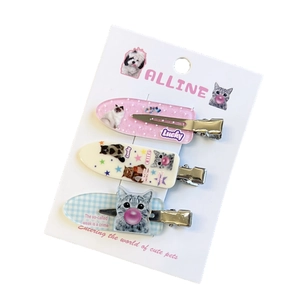 Three-piece acrylic cat hair clip set with stars and plaid patterns for women