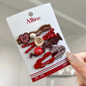 Elegant 4-piece red plaid and heart hair clip set for women in vintage autumn style