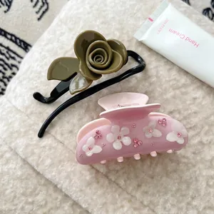 Pince à Cheveux Fleurie en Acétate Douce pour Femmes Paillettes Strass Floral Élégant Rose Vert Accessoires de Cheveux