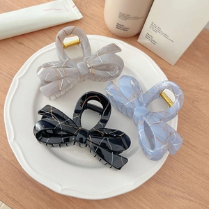 French Style Irregular Bow Hair Claw Clip For Women Gold Line Marble Pattern Elegant Plastic Polished Retro Hair Accessories Gift